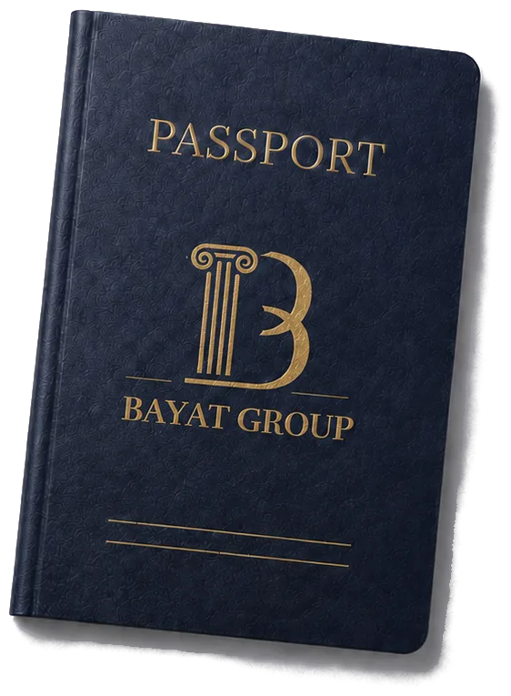 A navy passport embossed with the Bayat Group crest in gold