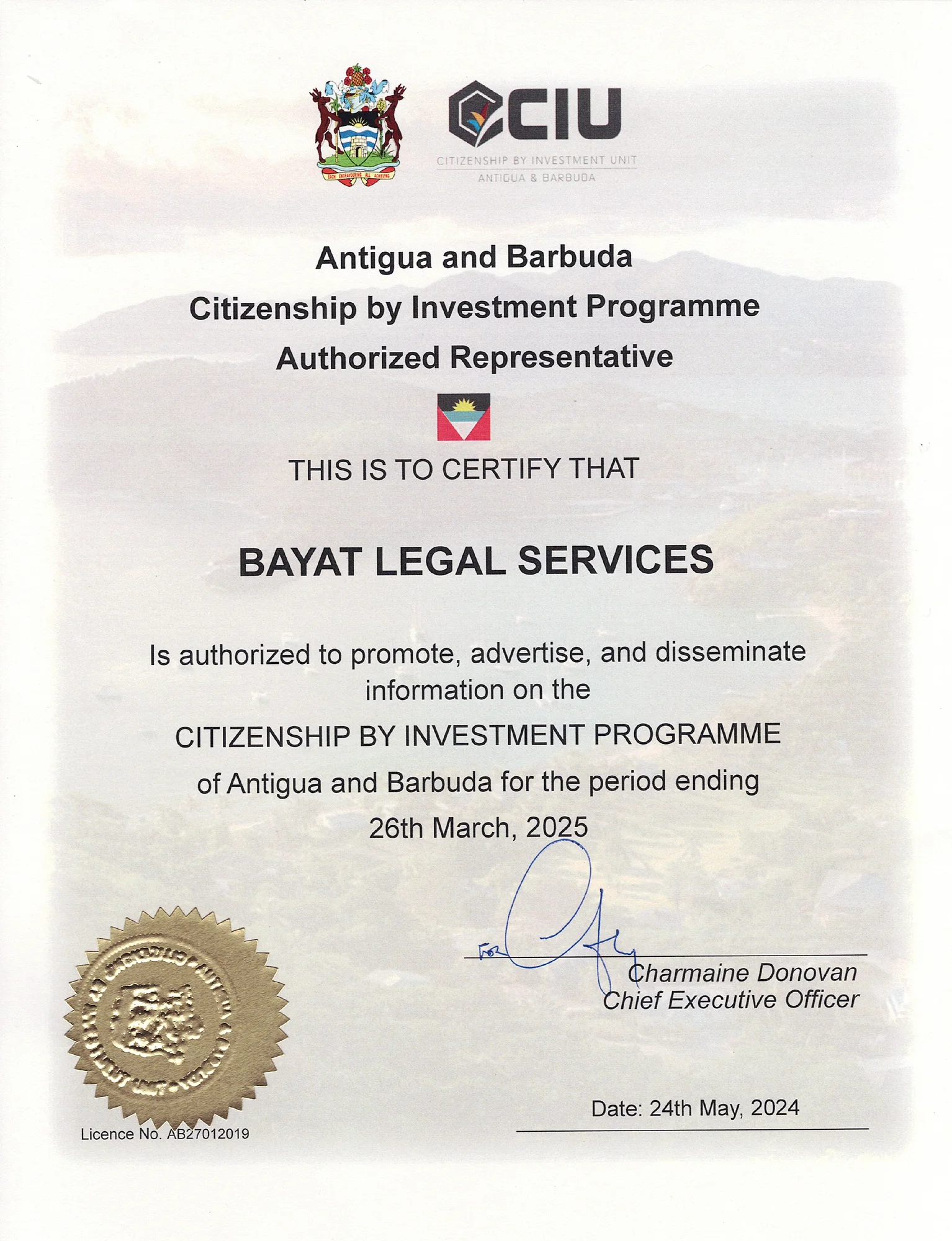 Authorised Representative certificate for the Antigua and Barbuda Citizenship by Investment Programme issued to Bayat Legal Services