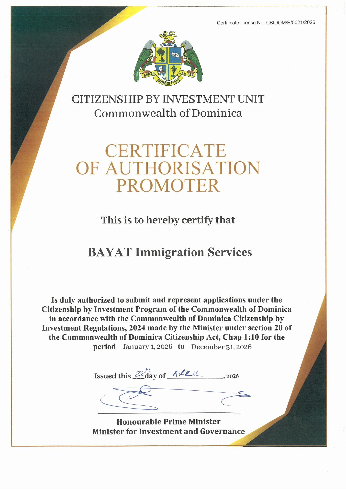 Certificate of Authorisation Promoter issued to Bayat Immigration Services by the Citizenship by Investment Unit of the Commonwealth of Dominica
