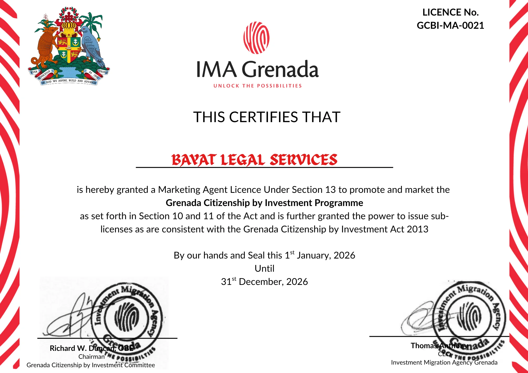 Marketing Agent Licence issued to Bayat Legal Services by the Investment Migration Agency Grenada