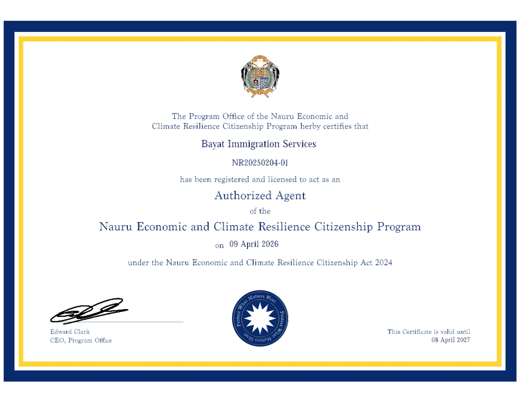 Registration certificate appointing Bayat Immigration Services an authorised agent of the Nauru Economic and Climate Resilience Citizenship Program