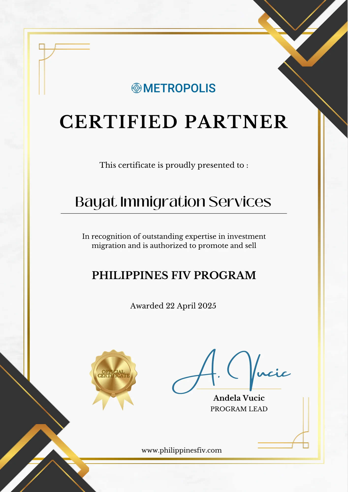 Certified Partner certificate for the Philippines Foreign Investor's Visa programme issued to Bayat Immigration Services