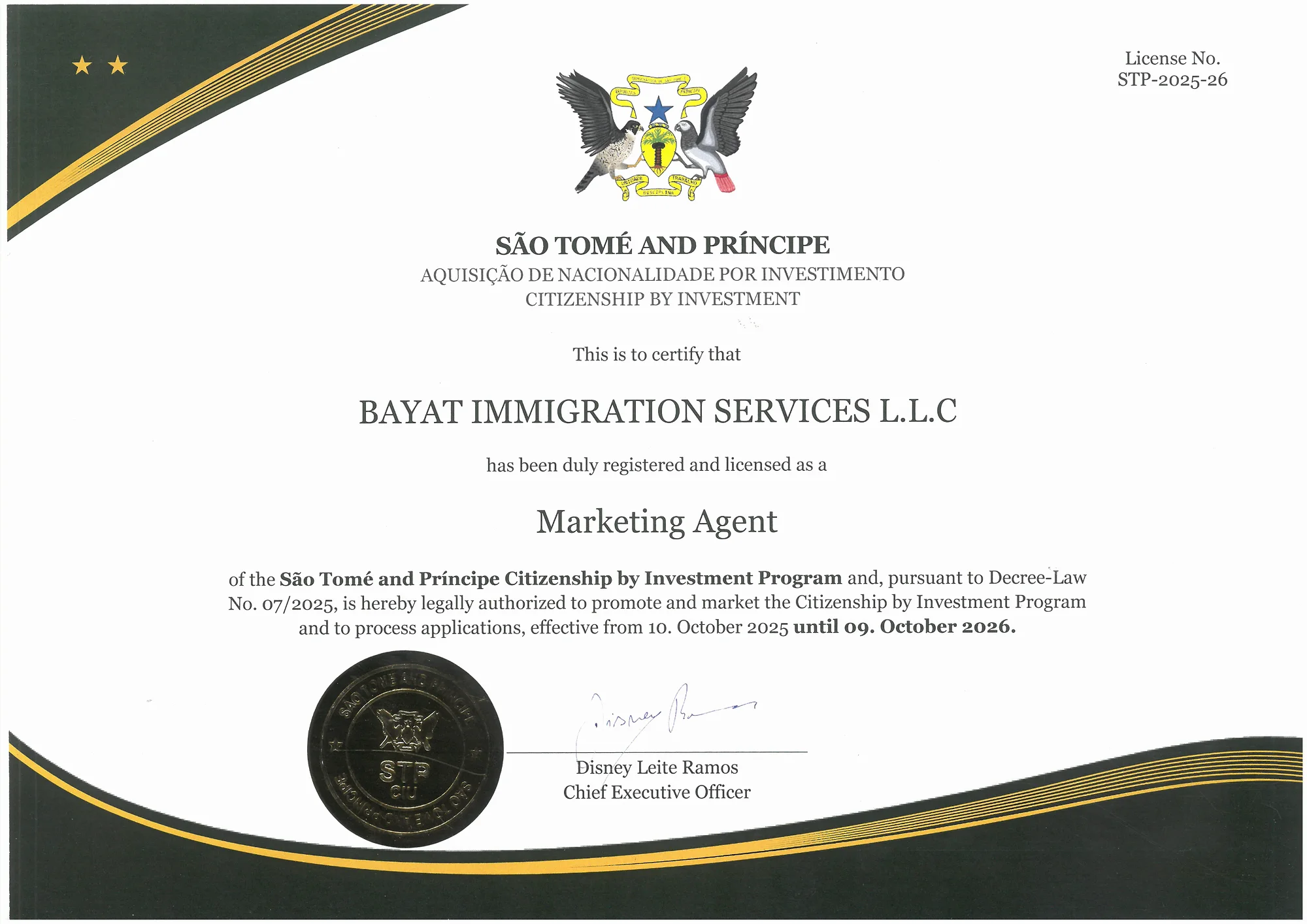 Marketing Agent licence for the São Tomé and Príncipe Citizenship by Investment Program issued to Bayat Immigration Services