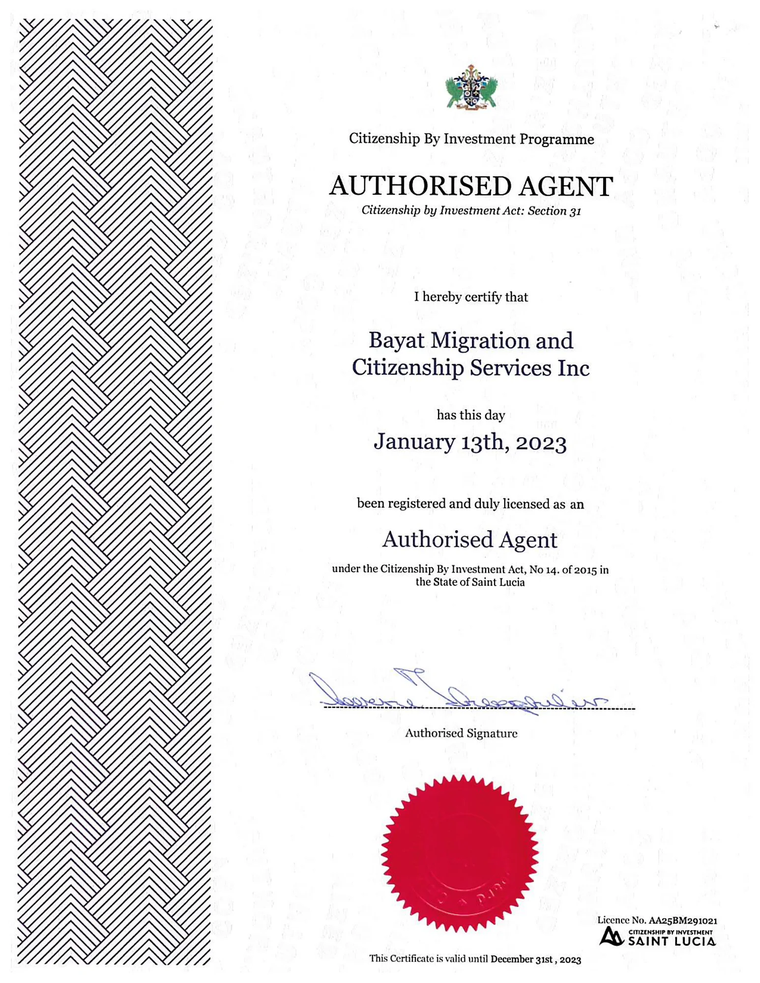 Authorised Agent certificate registering Bayat Migration and Citizenship Services Inc under the Saint Lucia Citizenship by Investment Act