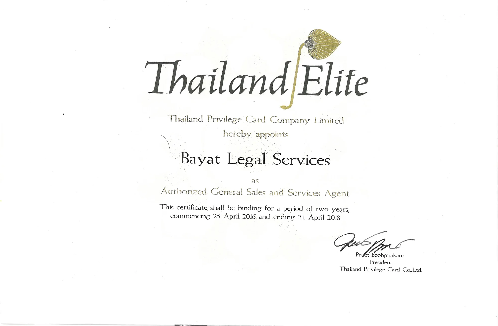 Certificate appointing Bayat Legal Services an Authorized General Sales and Services Agent of Thailand Privilege Card Company Limited